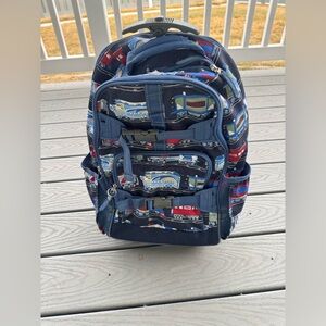 Pottery Barn Kids Rolling Backpack Blue Trains Trucks Roller School Travel Bag